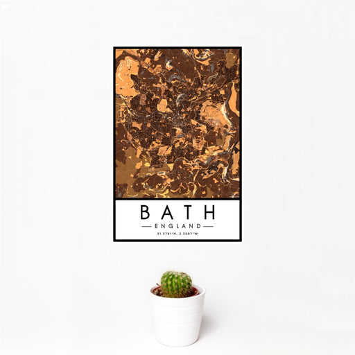 12x18 Bath England Map Print Portrait Orientation in Ember Style With Small Cactus Plant in White Planter