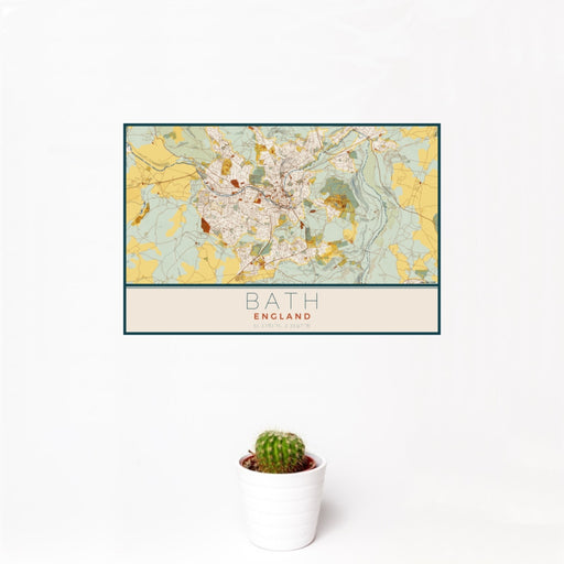 12x18 Bath England Map Print Landscape Orientation in Woodblock Style With Small Cactus Plant in White Planter