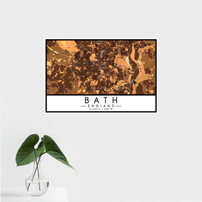 16x24 Bath England Map Print Landscape Orientation in Ember Style With Tropical Plant Leaves in Water