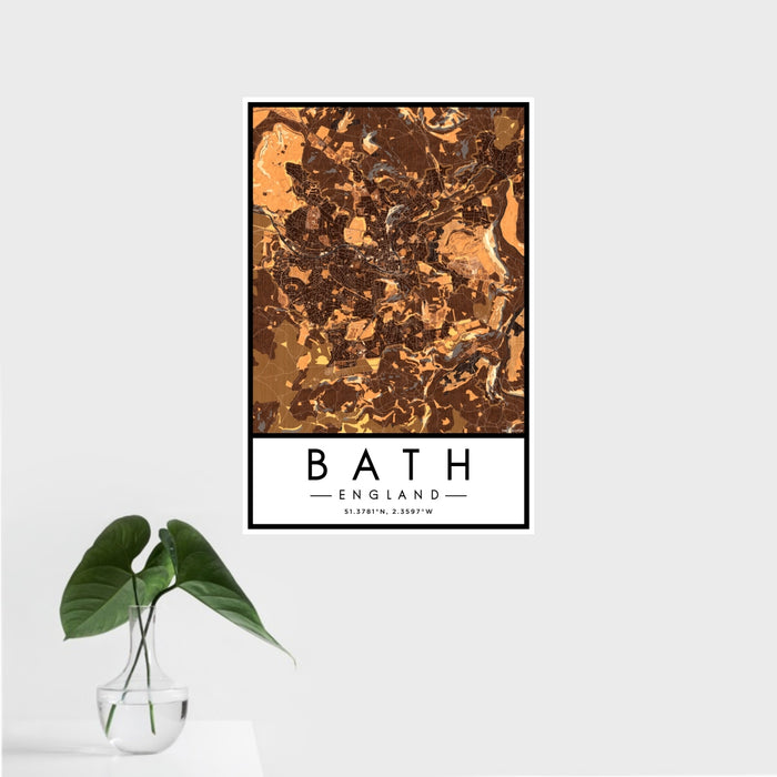 16x24 Bath England Map Print Portrait Orientation in Ember Style With Tropical Plant Leaves in Water
