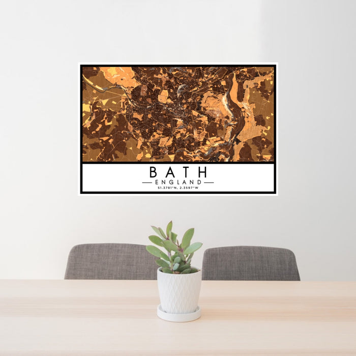 24x36 Bath England Map Print Lanscape Orientation in Ember Style Behind 2 Chairs Table and Potted Plant