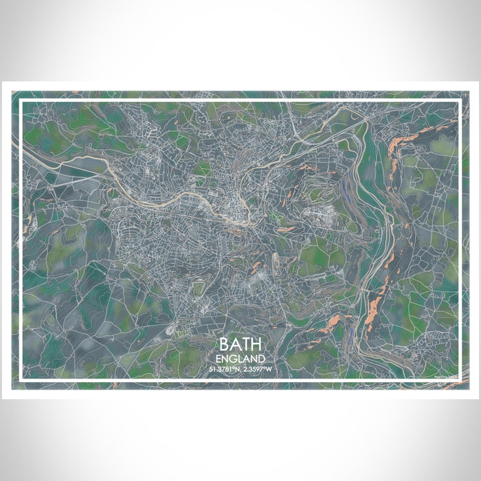 Bath England Map Print Landscape Orientation in Afternoon Style With Shaded Background