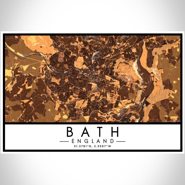 Bath England Map Print Landscape Orientation in Ember Style With Shaded Background
