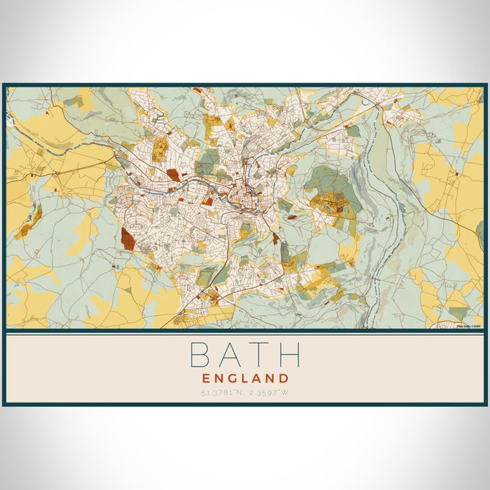 Bath England Map Print Landscape Orientation in Woodblock Style With Shaded Background