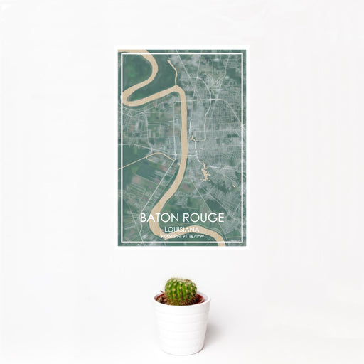 12x18 Baton Rouge Louisiana Map Print Portrait Orientation in Afternoon Style With Small Cactus Plant in White Planter