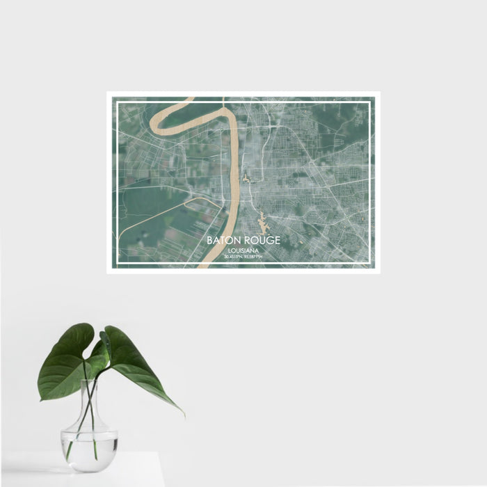 16x24 Baton Rouge Louisiana Map Print Landscape Orientation in Afternoon Style With Tropical Plant Leaves in Water