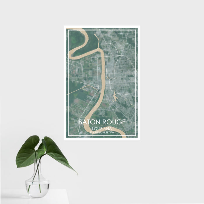 16x24 Baton Rouge Louisiana Map Print Portrait Orientation in Afternoon Style With Tropical Plant Leaves in Water