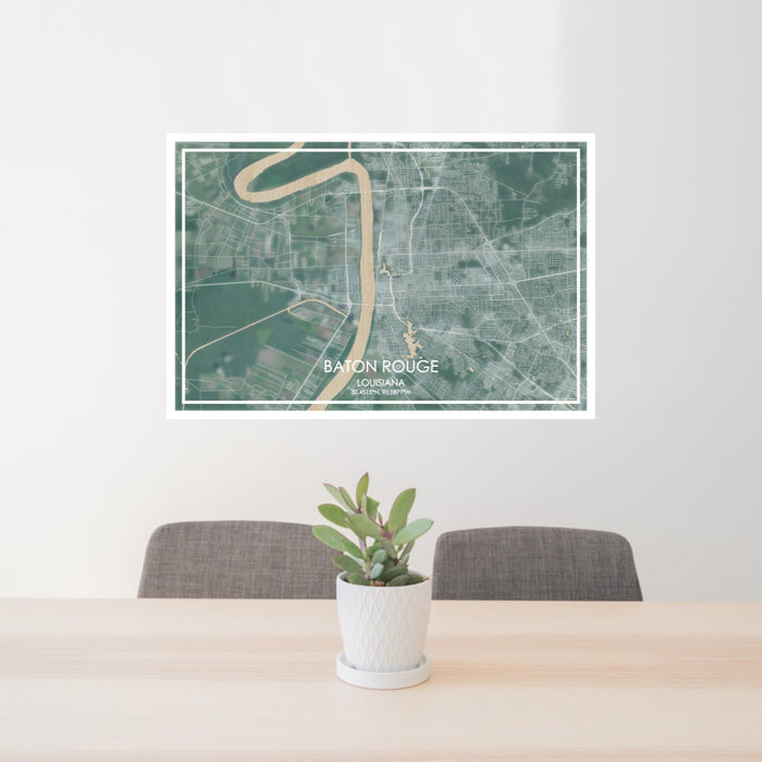 24x36 Baton Rouge Louisiana Map Print Lanscape Orientation in Afternoon Style Behind 2 Chairs Table and Potted Plant