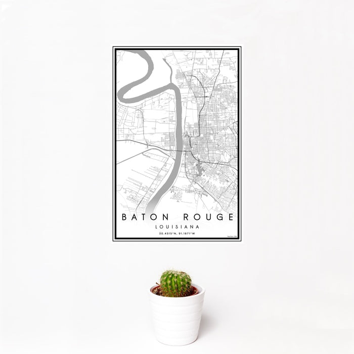 12x18 Baton Rouge Louisiana Map Print Portrait Orientation in Classic Style With Small Cactus Plant in White Planter