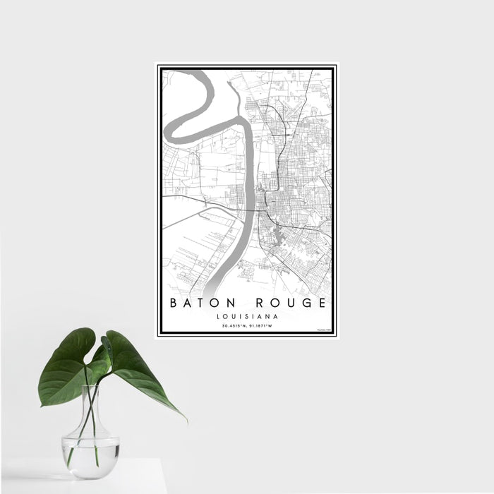 16x24 Baton Rouge Louisiana Map Print Portrait Orientation in Classic Style With Tropical Plant Leaves in Water