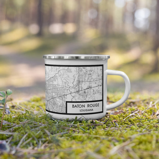 Right View Custom Baton Rouge Louisiana Map Enamel Mug in Classic on Grass With Trees in Background