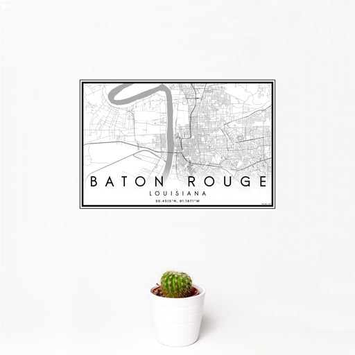 12x18 Baton Rouge Louisiana Map Print Landscape Orientation in Classic Style With Small Cactus Plant in White Planter
