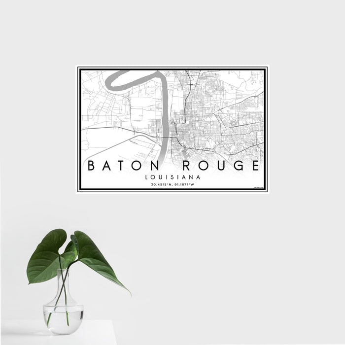 16x24 Baton Rouge Louisiana Map Print Landscape Orientation in Classic Style With Tropical Plant Leaves in Water