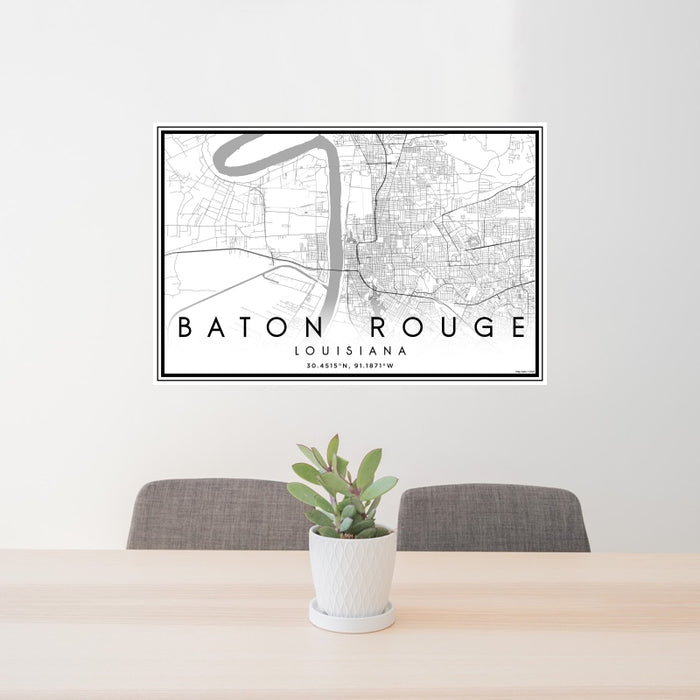 24x36 Baton Rouge Louisiana Map Print Landscape Orientation in Classic Style Behind 2 Chairs Table and Potted Plant