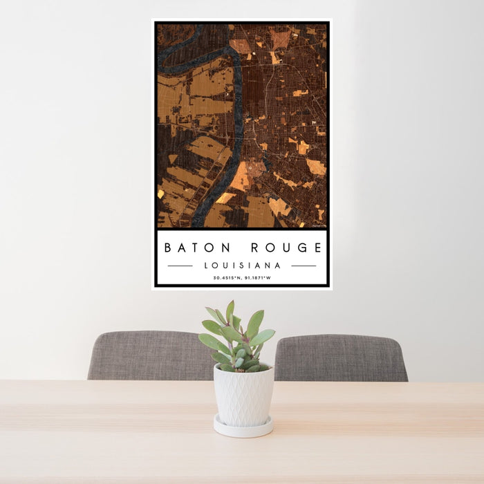24x36 Baton Rouge Louisiana Map Print Portrait Orientation in Ember Style Behind 2 Chairs Table and Potted Plant