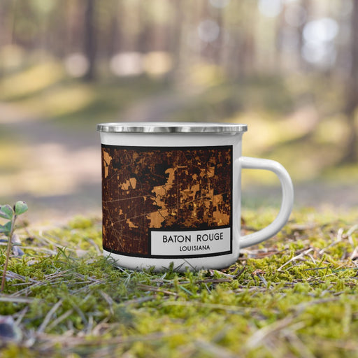 Right View Custom Baton Rouge Louisiana Map Enamel Mug in Ember on Grass With Trees in Background