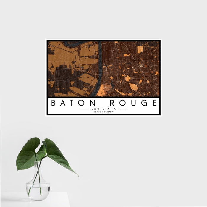16x24 Baton Rouge Louisiana Map Print Landscape Orientation in Ember Style With Tropical Plant Leaves in Water