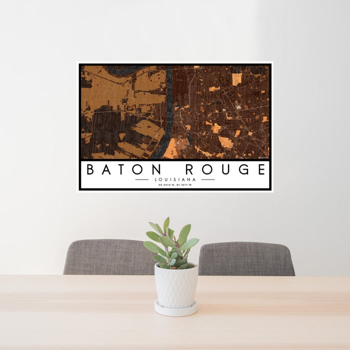 24x36 Baton Rouge Louisiana Map Print Landscape Orientation in Ember Style Behind 2 Chairs Table and Potted Plant