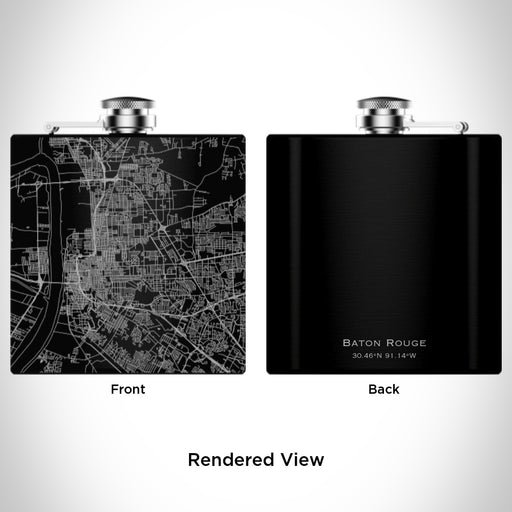 Rendered View of Baton Rouge Louisiana Map Engraving on 6oz Stainless Steel Flask in Black