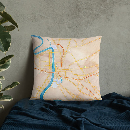 Custom Baton Rouge Louisiana Map Throw Pillow in Watercolor on Bedding Against Wall