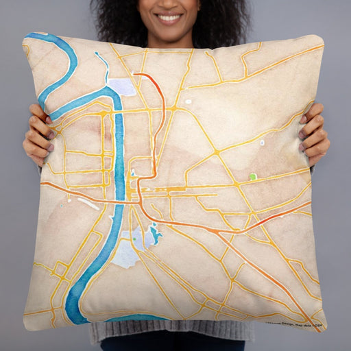 Person holding 22x22 Custom Baton Rouge Louisiana Map Throw Pillow in Watercolor