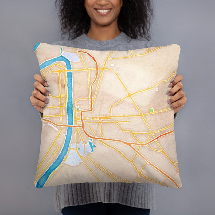 Person holding 18x18 Custom Baton Rouge Louisiana Map Throw Pillow in Watercolor