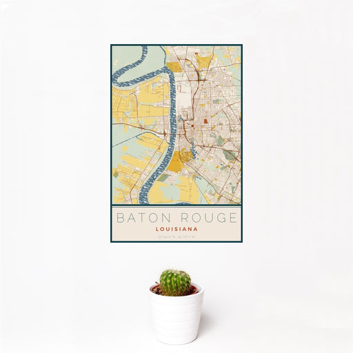 12x18 Baton Rouge Louisiana Map Print Portrait Orientation in Woodblock Style With Small Cactus Plant in White Planter