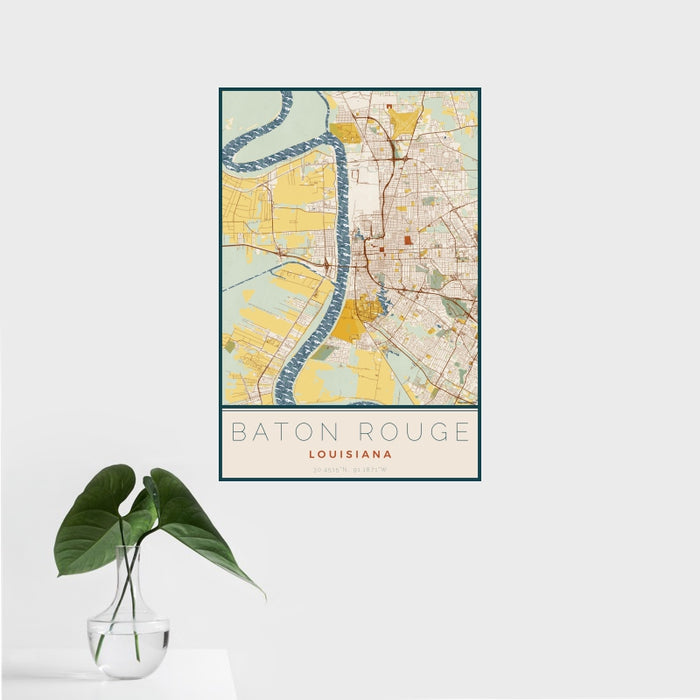 16x24 Baton Rouge Louisiana Map Print Portrait Orientation in Woodblock Style With Tropical Plant Leaves in Water