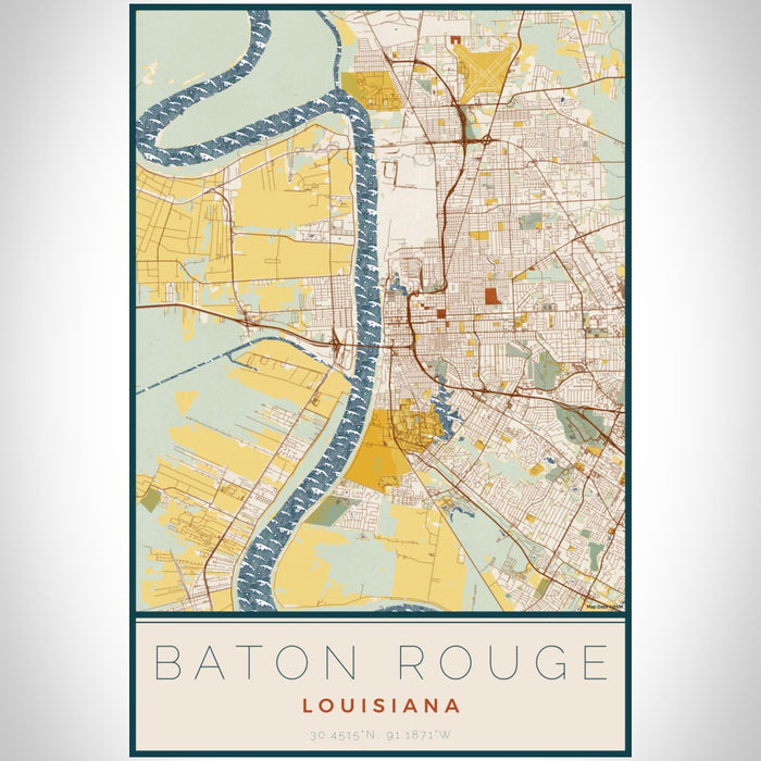 Baton Rouge Louisiana Map Print Portrait Orientation in Woodblock Style With Shaded Background