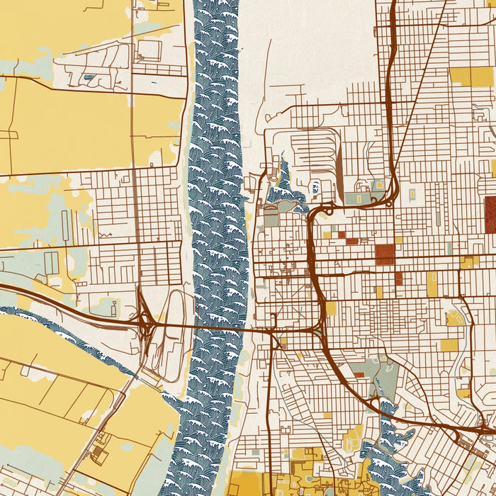 Baton Rouge Louisiana Map Print in Woodblock Style Zoomed In Close Up Showing Details