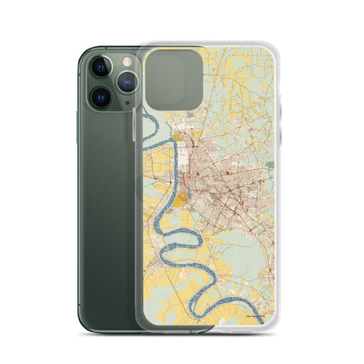 Custom Baton Rouge Louisiana Map Phone Case in Woodblock on Table with Laptop and Plant