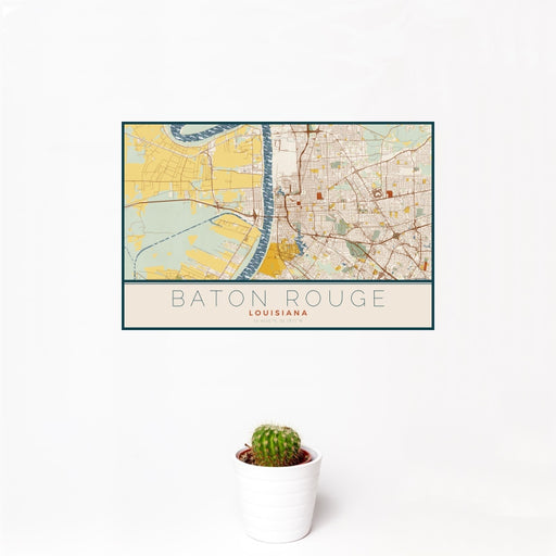 12x18 Baton Rouge Louisiana Map Print Landscape Orientation in Woodblock Style With Small Cactus Plant in White Planter
