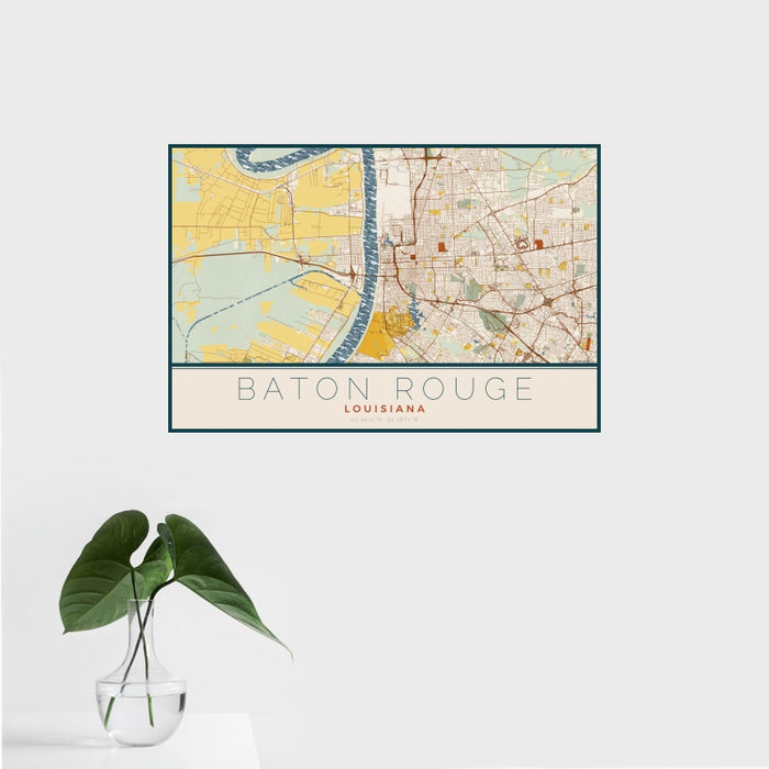 16x24 Baton Rouge Louisiana Map Print Landscape Orientation in Woodblock Style With Tropical Plant Leaves in Water