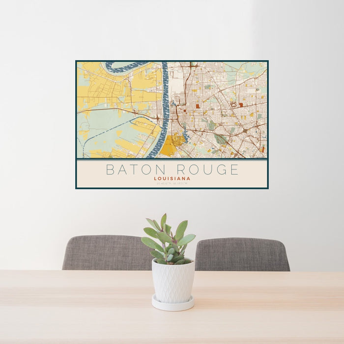 24x36 Baton Rouge Louisiana Map Print Landscape Orientation in Woodblock Style Behind 2 Chairs Table and Potted Plant