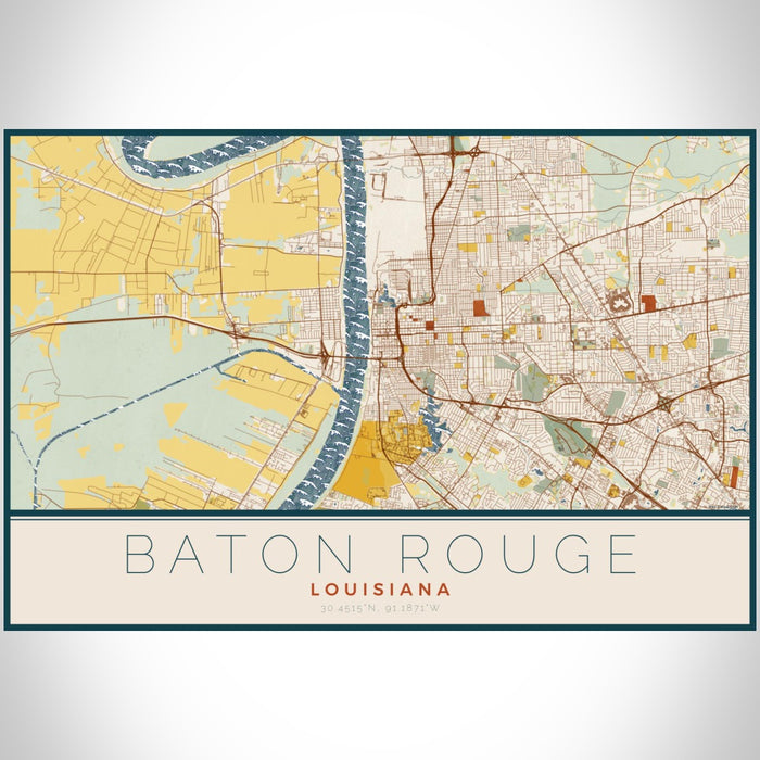 Baton Rouge Louisiana Map Print Landscape Orientation in Woodblock Style With Shaded Background