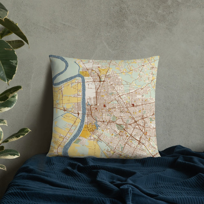 Custom Baton Rouge Louisiana Map Throw Pillow in Woodblock on Bedding Against Wall