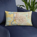 Custom Baton Rouge Louisiana Map Throw Pillow in Woodblock on Blue Colored Chair