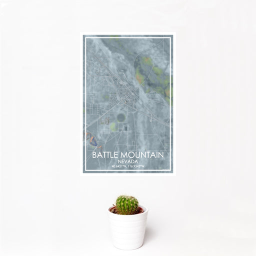 12x18 Battle Mountain Nevada Map Print Portrait Orientation in Afternoon Style With Small Cactus Plant in White Planter