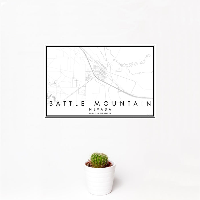 12x18 Battle Mountain Nevada Map Print Landscape Orientation in Classic Style With Small Cactus Plant in White Planter