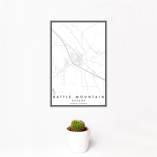 12x18 Battle Mountain Nevada Map Print Portrait Orientation in Classic Style With Small Cactus Plant in White Planter