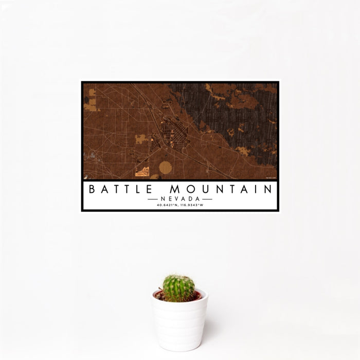 12x18 Battle Mountain Nevada Map Print Landscape Orientation in Ember Style With Small Cactus Plant in White Planter