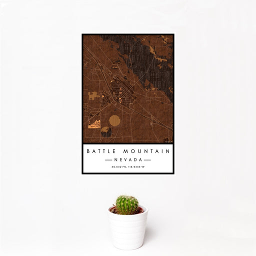 12x18 Battle Mountain Nevada Map Print Portrait Orientation in Ember Style With Small Cactus Plant in White Planter