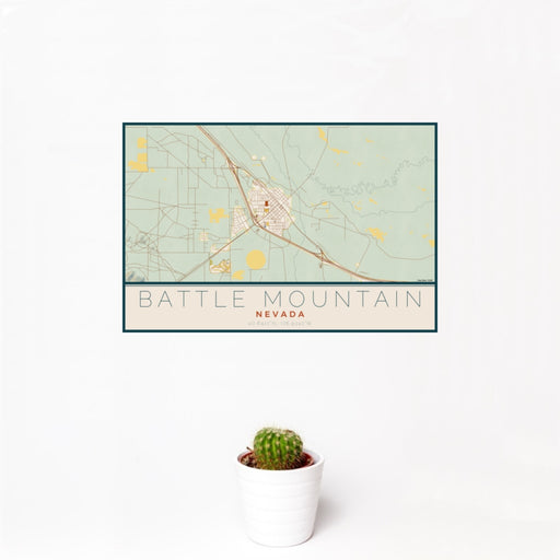 12x18 Battle Mountain Nevada Map Print Landscape Orientation in Woodblock Style With Small Cactus Plant in White Planter