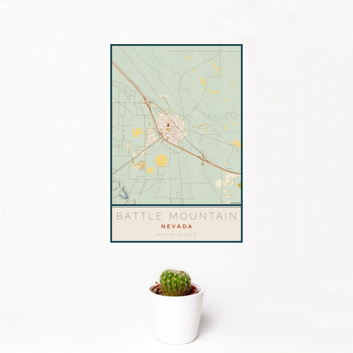 12x18 Battle Mountain Nevada Map Print Portrait Orientation in Woodblock Style With Small Cactus Plant in White Planter