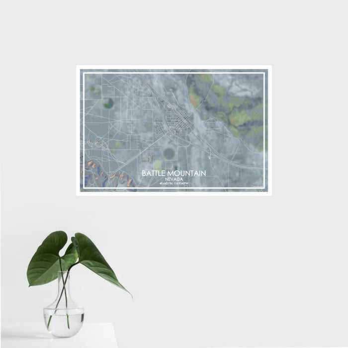 16x24 Battle Mountain Nevada Map Print Landscape Orientation in Afternoon Style With Tropical Plant Leaves in Water