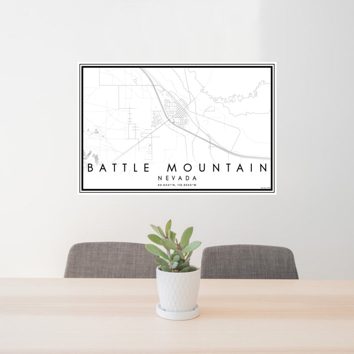 24x36 Battle Mountain Nevada Map Print Lanscape Orientation in Classic Style Behind 2 Chairs Table and Potted Plant
