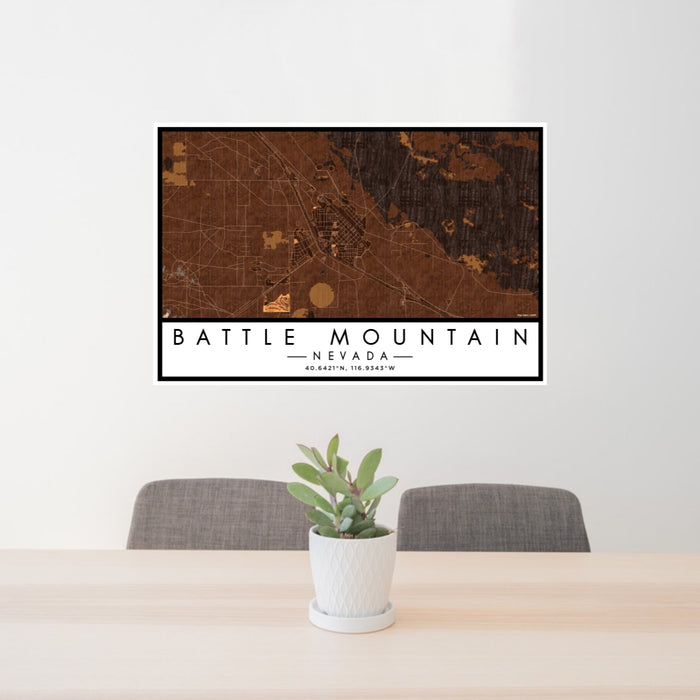 24x36 Battle Mountain Nevada Map Print Lanscape Orientation in Ember Style Behind 2 Chairs Table and Potted Plant
