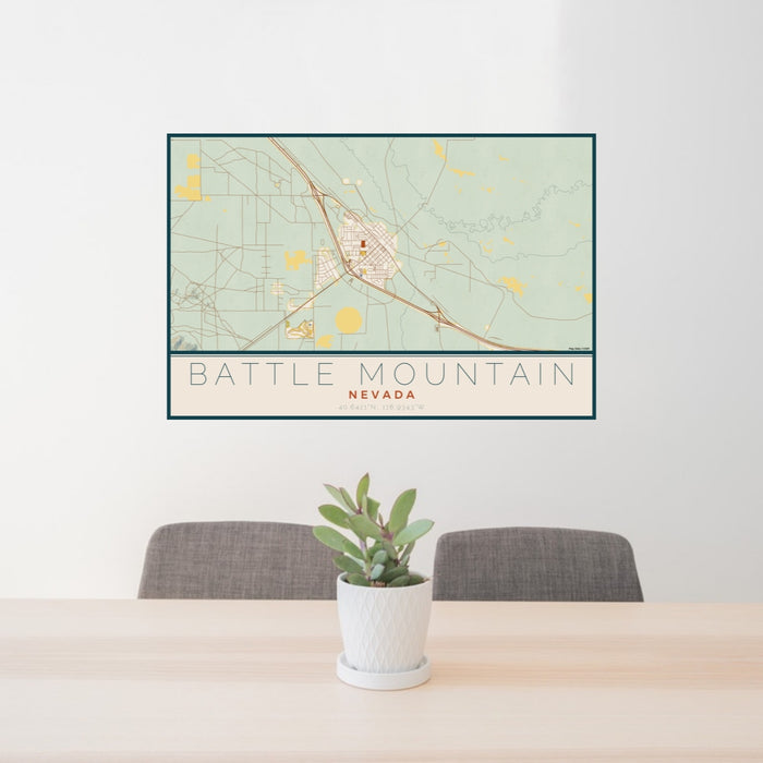 24x36 Battle Mountain Nevada Map Print Lanscape Orientation in Woodblock Style Behind 2 Chairs Table and Potted Plant