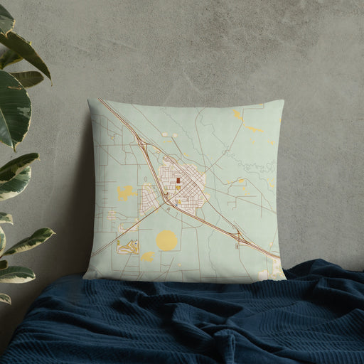 Custom Battle Mountain Nevada Map Throw Pillow in Woodblock on Bedding Against Wall
