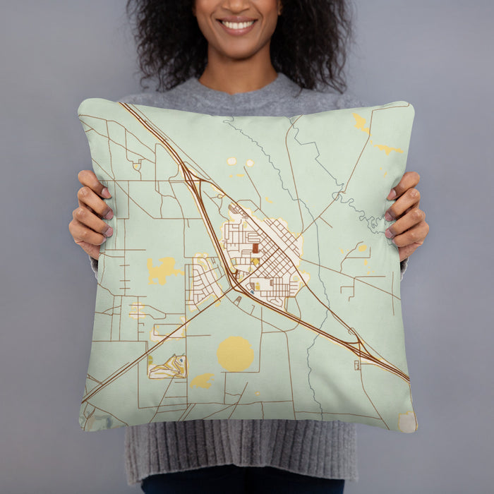 Person holding 18x18 Custom Battle Mountain Nevada Map Throw Pillow in Woodblock